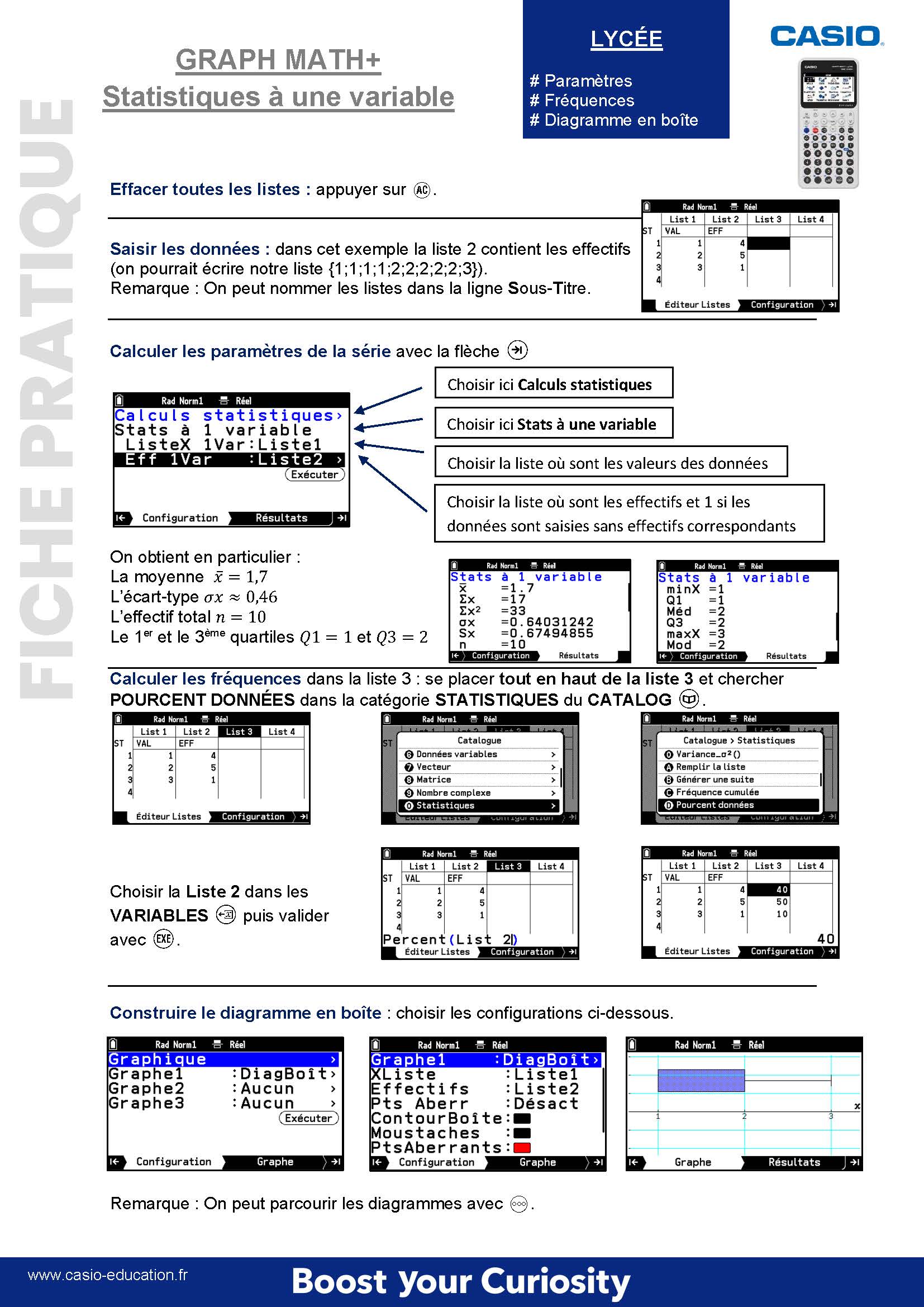 Fiche pratique Statistiques à une variable avec la GRAPH MATH+